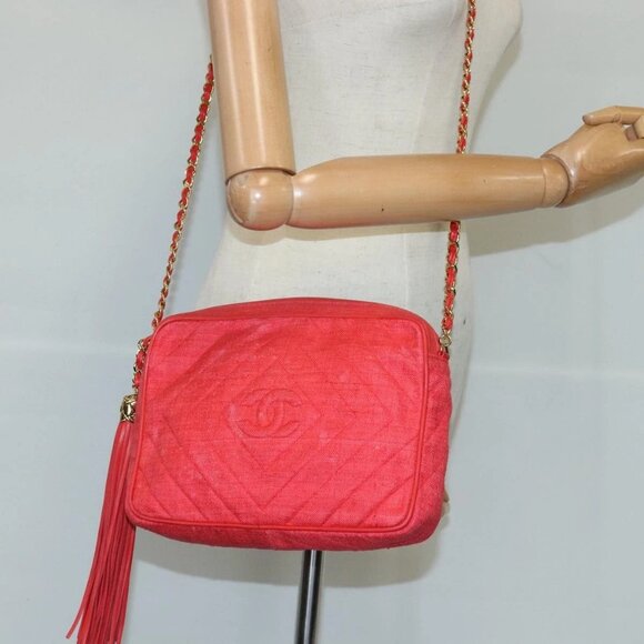 CHANEL Chain Shoulder Bag Canvas Red Gold CC Auth bs19429 - Picture 14 of 16